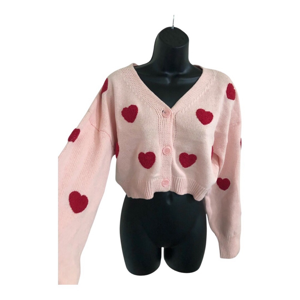 Jessica Simpson tufted embroidered red hearts cropped pink cardigan size medium